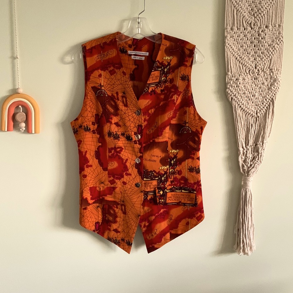 Anne Pinkerton | Travel Map Sleeveless Button Down Vest | burnt orange